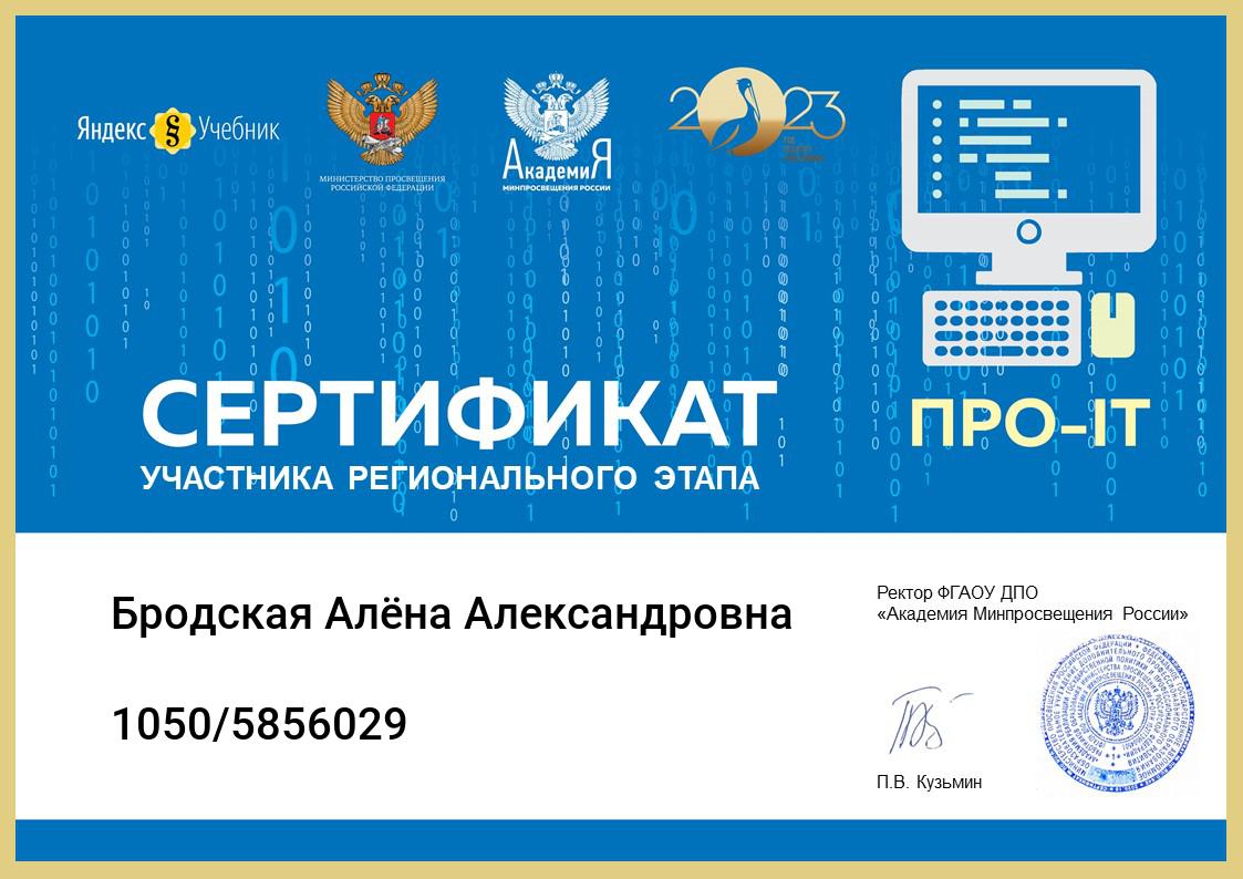 Бродская Алёна Александровна стала участником регионального этапа  олимпиады ПРО-IT.